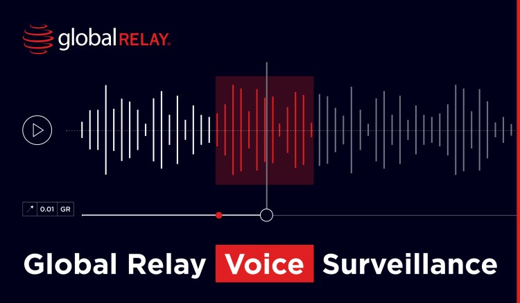 White and red sound bar on a black background with the words Global Relay Voice Surveillance